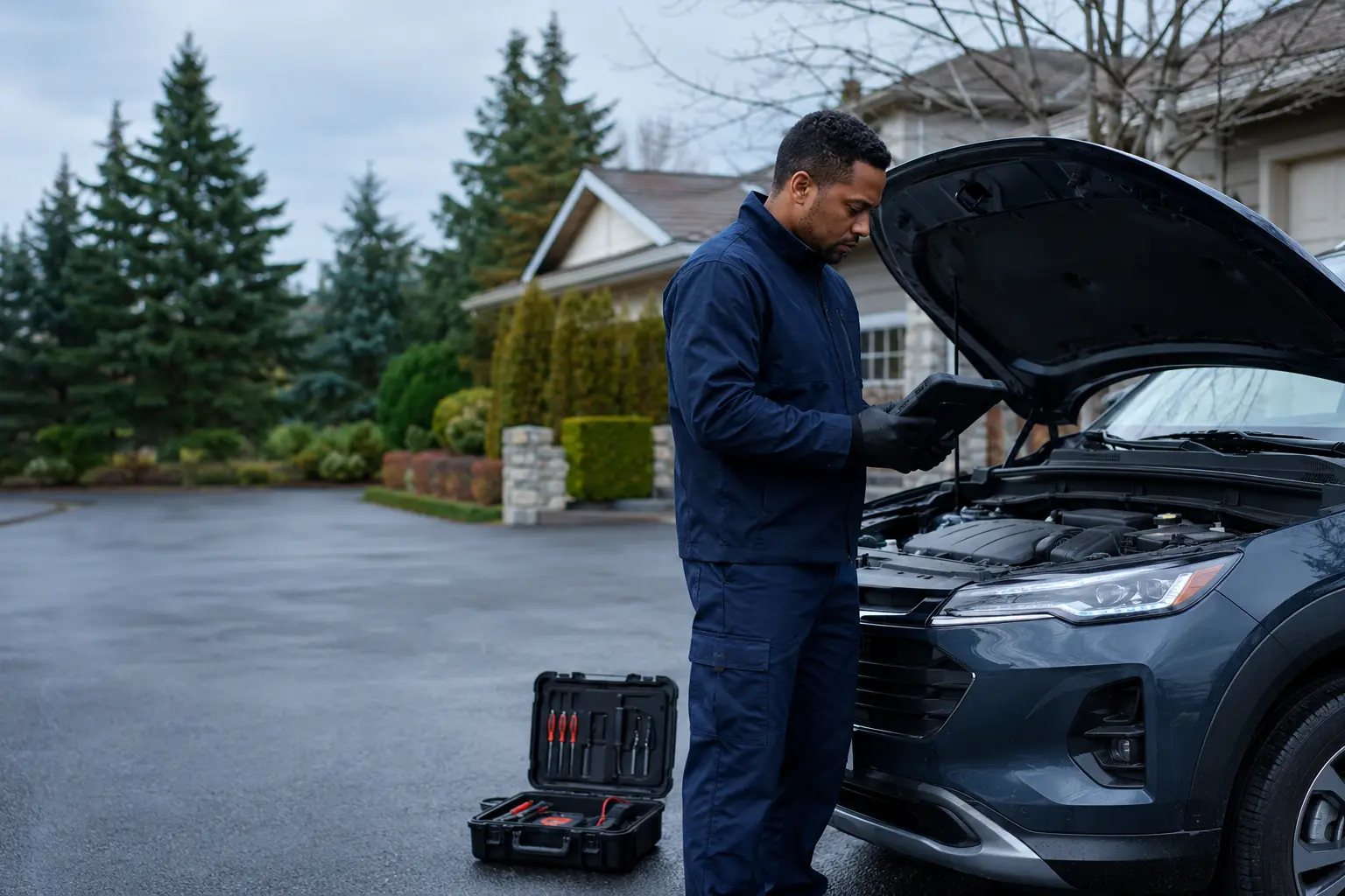 Mobile mechanic inspecting a car in a driveway